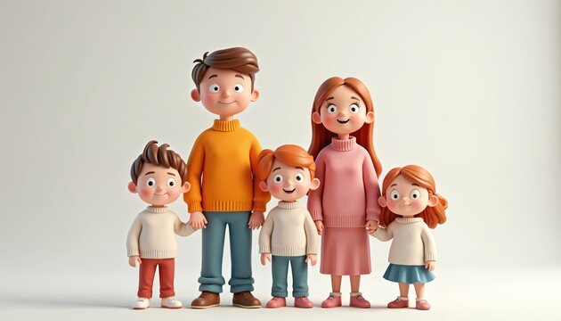 3D cartoon family illustration shows parents with three kids standing together happily. Minimalist style characters in casual clothes isolated on white background, representing family unity and joy.