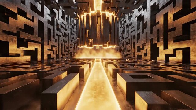 Futuristic maze glowing path metallic wall abstract corridor with golden light geometric pattern mysterious atmosphere surreal interior immersive
