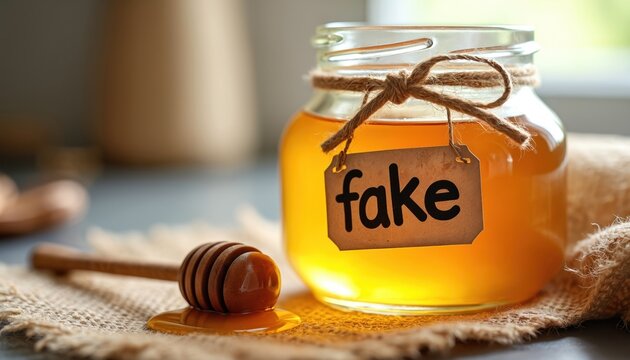 Glass jar of fake honey with wooden dipper. Golden liquid labeled FAKE shows deception in food products. Natural sweetener concept with imitation adulterated ingredient. Warning about food fraud,