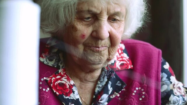 A close-up of an elderly woman with grey hair sewing on a sewing machine, a panorama from her face through a skein of thread to her hand on her handiwork