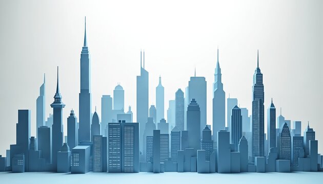 Modern city skyline paper cutout art. Diverse skyscrapers and buildings form an urban landscape. Clean white background isolates the blue cityscape structure. Represents city growth and development.