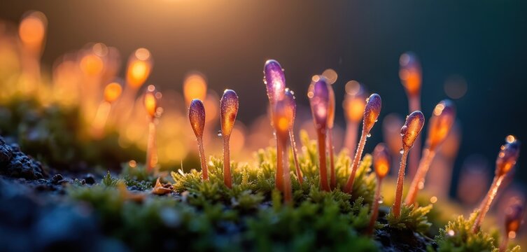 Moss sporophytes with dew drops glow in warm backlit sun. Tiny plants with purple caps show delicate water beads, creating magical nature macro view with bokeh. Life and growth.