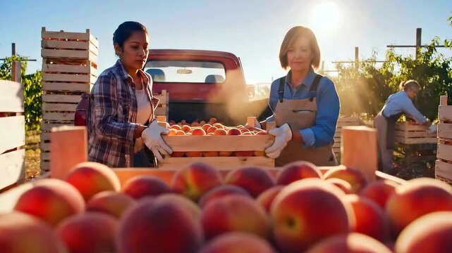 two women loading apple crates into pickup truck at sunset in orchard, golden sunlight illuminating wooden boxes and rows of fruit, workers sorting and stacking fresh produce, warm rural