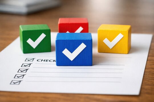 Compliance Cubes: An arrangement of colorful wooden blocks, each bearing a white checkmark, rests upon a sheet of paper with a checklist, signifying completion and approval.