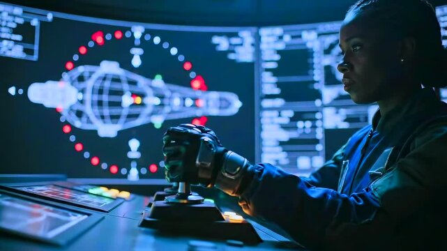 operator at spaceship command console monitors holographic spacecraft schematic and telemetry in dim blue control room, gripping joystick while analyzing navigation data and issuing tactical