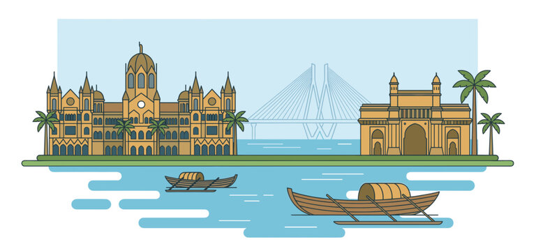 Colorful flat line art city skyline vector illustration with sea bridge, historic buildings, traditional boats and palm trees, a scenic summer travel destination to uttarakhand.