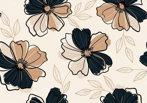 Modern seamless pattern of abstract flowers in navy, beige, and white
