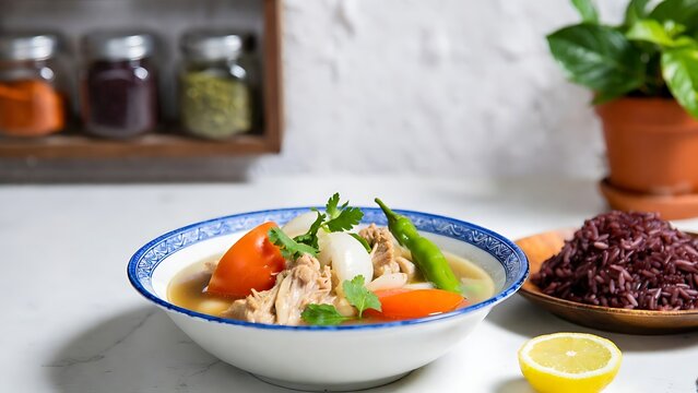jasha maru, Bhutanese chicken stew in small chunks, cooked with ripe tomato, onion, garlic, fresh ginger, and green pepper in clear aromatic broth. 