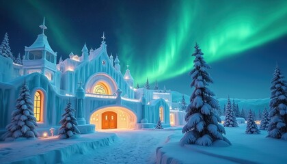 Fototapeta premium Ornate ice hotel glows warmly under green aurora borealis sky. Snow covered fir trees surround building. Winter wonderland landscape at night.