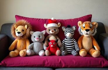 Fototapeta premium Five plush toys lion, cat, bear, zebra, tiger sit on a red cushion. One bear toy wears a Santa hat. Group of stuffed animals posing together indoors.