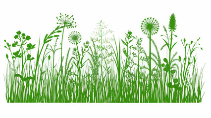 A vibrant green illustration depicting a field of wildflowers and grasses © Bablu