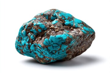 A raw turquoise gemstone showing vibrant blue hues and a rough texture embedded in a darker matrix on a white background