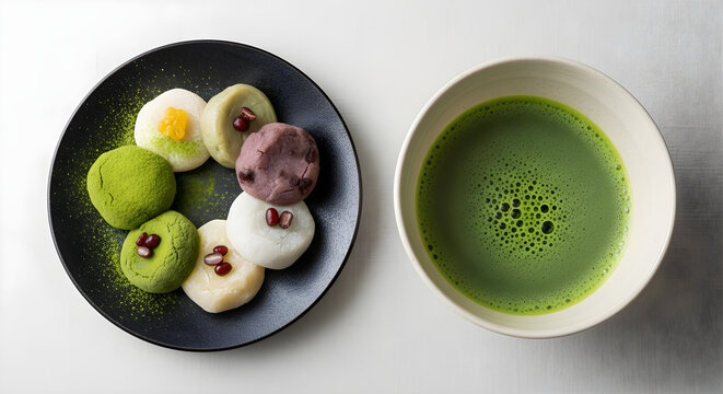A variety of high-quality fresh mochi on a white plate makes a delicious and healthy vegetarian snack, complemented by a glass of matcha for a light lunch.