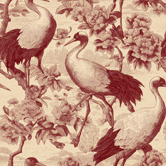 Fototapeta premium Vintage toile-style illustration featuring elegant cranes among blooming peonies and winding branches in a monochrome red palette. Detailed ornamental composition with classic engraved texture and tim