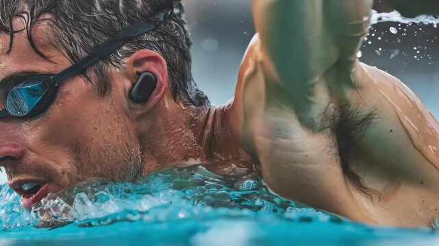 Close view of swimmer in lane with wearable tracker syncing data wirelessly surrounded by softly blurred wave ripples and poolside coaching equipment in the background.