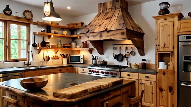Warmly lit rustic kitchen interior with wooden cabinets, island, and range hood, featuring a bowl and cutting board on the counter.