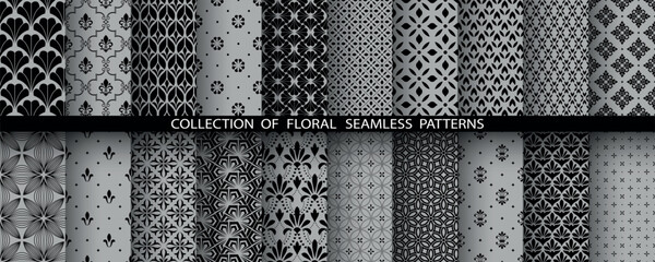 Fototapeta na wymiar Geometric floral set of seamless patterns. Gray and black vector backgrounds. Damask graphic ornaments
