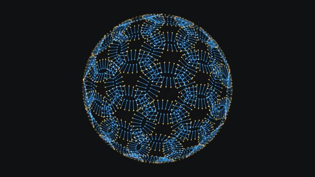 A full-view spherical lattice made of blue wireframes and yellow nodes, rotating steadily to showcase its intricate, honeycomb-like geometric structure.