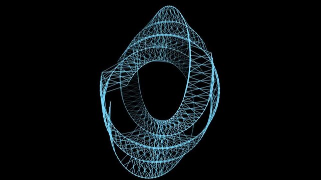 A delicate, translucent light-blue sculpture made of fine triangular wireframes that rotates to create a ghostly, abstract fluid-like shape.