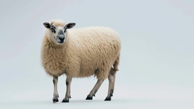 Sheep walking gracefully across a clean, minimalistic background, showcasing its fluffy wool and distinct features in a series of connected frames. Sheep farming concept