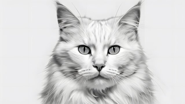 A stunningly poised cat existing in the stark contrast of a pristine white 