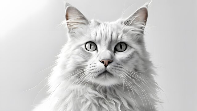 A stunningly poised cat existing in the stark contrast of a pristine white 