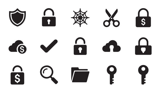 General purpose utility icon set including shield locks checkmark search magnifying and key