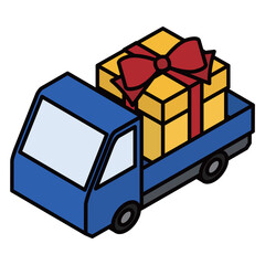 ギフトボックスを積んだトラックの立体イラスト