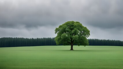 Fototapeta premium Beautiful tree in the middle of a field covered with grass with the tree line in the background