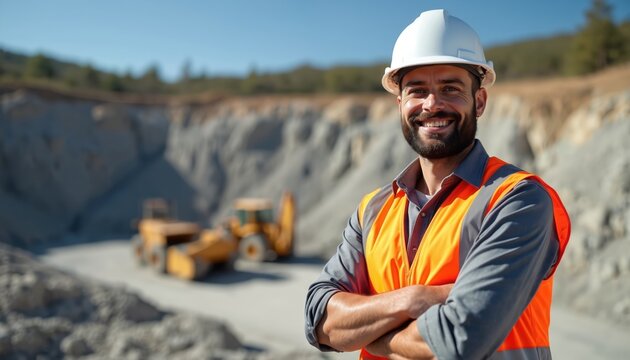 Smiling man in hard hat and safety vest stands arms crossed in open pit mine. Construction equipment works in background. Quarry site with blue sky.