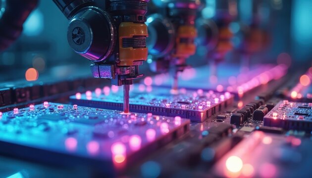 Automated robotic arms assemble electronic circuit boards in a factory. Precision machines place tiny components on illuminated motherboards. Futuristic tech production with glowing lights.