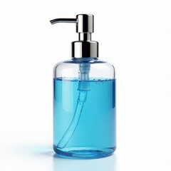 Clear pump bottle holds bright blue liquid soap with bubbles. Modern dispenser for hand washing and personal hygiene needs. Useful for cosmetic product ads.