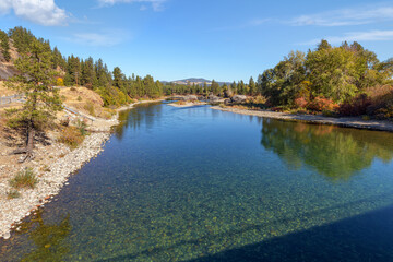 The Spokane River as it runs through Boulder Beach Park in the Spokane Valley at early autumn, Spokane Washington.