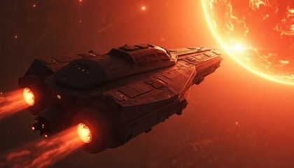 Fototapeta premium Sci-fi spaceship travels through deep space near massive red giant star. Ship engines glow with intense orange fiery exhaust. Celestial bodies and nebulae fill the hot, cosmic backdrop.
