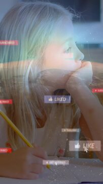 Pupil yellow pencil writing note gazing right, sparking LIKE badges and flares reacting to likes