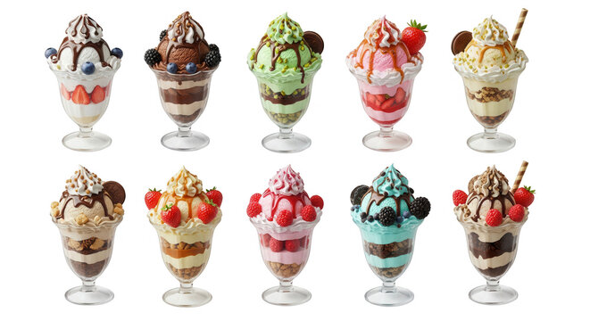 assortment of gourmet ice cream parfaits in tall glasses arranged on a white backdrop dessert menu options