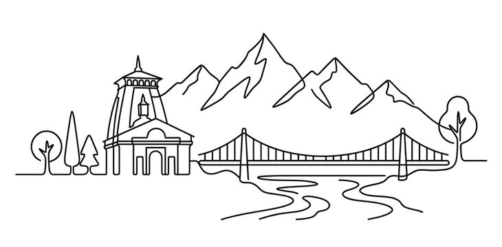 Uttarakhand skyline vector continuous one line drawing with Kedarnath temple, mountains, river, and bridge. Minimalist linear art illustration for travel and tourism.