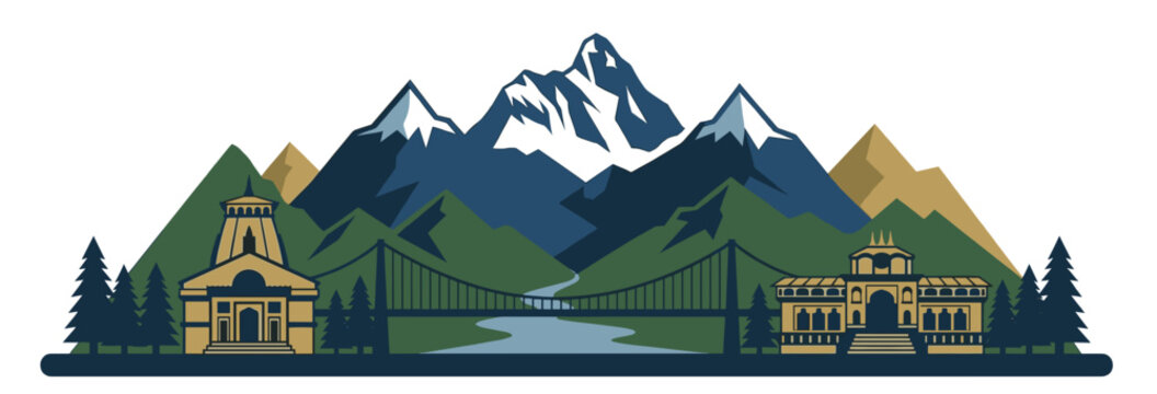 Uttarakhand skyline vector illustration featuring Kedarnath temple, Lakshman Jhula bridge, snow mountains, river, and heritage architecture in flat colorful design style.