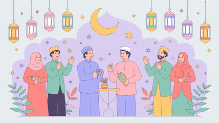 Diverse group of people celebrating eid al fitr with traditional lanterns and crescent moon