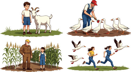 Farm life illustration set with farmer, child, goat, geese and corn field scenes, rural agriculture activities, countryside lifestyle, farming work, animals and nature © MdGolam