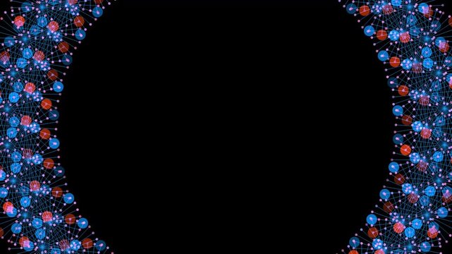 A dense border of blue and red glowing nodes on either side of the screen, connected by a complex web of thin lines.