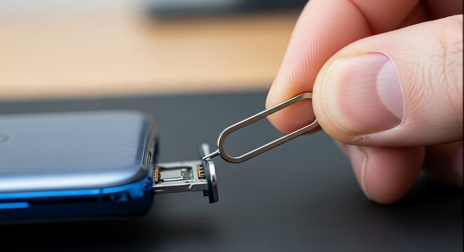 Hand holding SIM card ejector tool for mobile phone.
