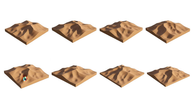 isometric sand dunes models on white backdrop for 3d design simulation and educational purposes