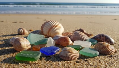 Obraz premium Vibrant Assortment of Smooth Sea Glass and Seashells Collected on a Sandy Beach Shoreline