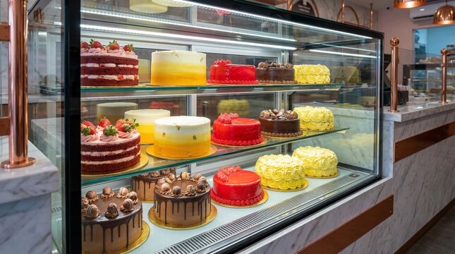 Professional bakery display case filled with various colorful decorated whole cakes.