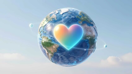 3D Illustration of Earth Planet with Glowing Rainbow Heart Symbol for Global Love and Peace Concept