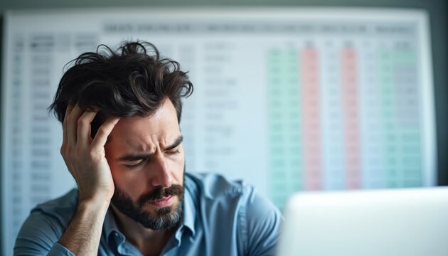 Man with hand on temple looks stressed and tired. Spreadsheet data visible behind him shows complex numbers and charts. Overwhelmed by work, financial charts, demanding job. Feeling pressure, pain.