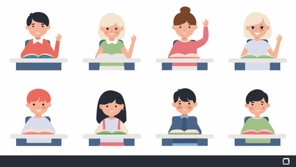 Fototapeta premium Diverse group of students studying and waving at desks