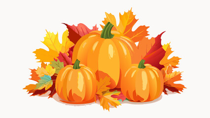 Autumn arrangement of pumpkins and colorful maple leaves for fall season
