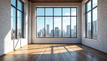 Fototapeta premium Empty loft room with city skyline view through large windows. Sunlight streams onto wood floor and white brick walls, creating bright urban interior space.